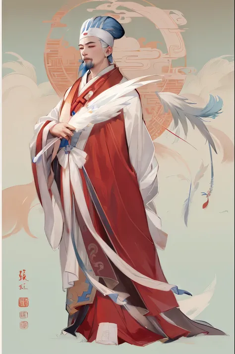 a close up of a person in a white robe with a feather, inspired by Wu Daozi, inspired by Zhao Mengfu, inspired by Zhao Yuan, inspired by Cao Zhibai, inspired by Zhu Derun, inspired by Dong Yuan, inspired by Zhan Ziqian, inspired by Wu Zuoren, inspired by H...