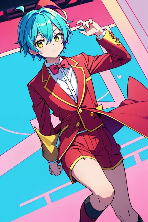 male vtuber with: turquoise hair, yellow eyes, pink highlights,simple red suit with a red bow tie, brown shorts and black shoes.