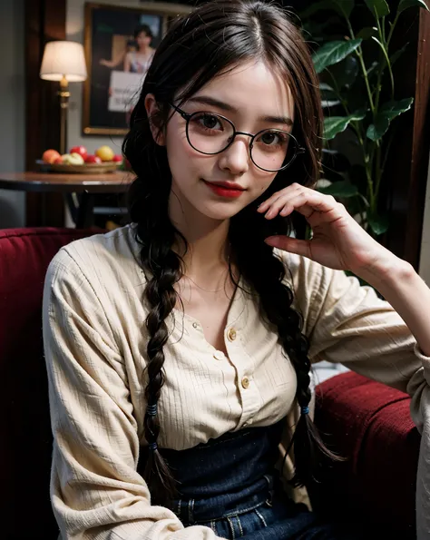 Top quality, one beautiful woman, 20 years old, 35mm lens, f/1, dark brown eyes, glasses, braids, black hair, pale skin, medium chest, slendar body  look at viewer, smile, 