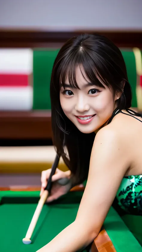 (half body shot:1.4), Hyper-Realism, (Photorealsitic:1.4), 8K, maximum resolution, (​masterpiece), Canon R5, 50mm, highly detailed, best quality, Refined face, Japanese most beautiful woman, detailed beautiful eyes, 23yo, bikini,
Playing billiards, playful...