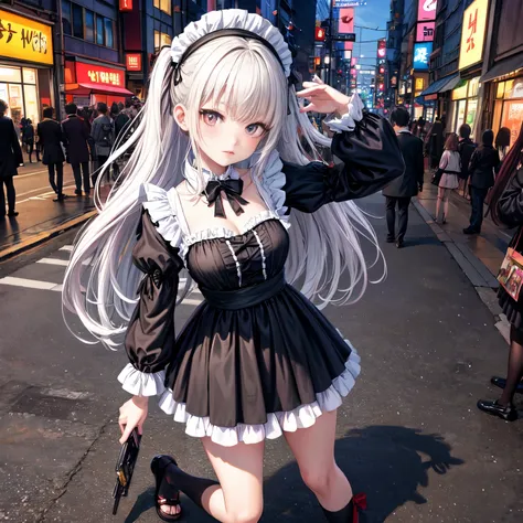 a scene of the movie that （（black goth maid outfit with cute frills））, （（（（full Body Portrait））））full Body Portrait Pictures of very beautiful cute Japanese babe age 14 for combat, （（The girl has moisted large eyes and beautiful eyelashes.）） （（（Background ...