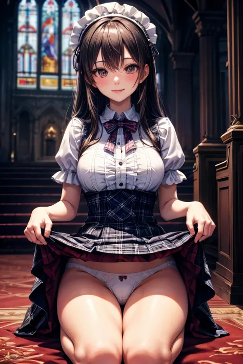 very cute and beautiful girl,(highly detailed beautiful face and eyes:1.2), (smile),blush,black hair,cowboy shot,looking at viewer,kneeling, blue plaid pattern lolita dress with detailed frills,detailed lace,(skirt lift,white panties:1.12), altar,church,in...