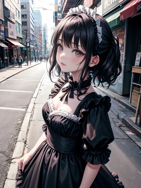 a scene of the movie that （（black goth maid outfit with cute frills））, （（（（full Body Portrait））））full Body Portrait Pictures of very beautiful cute Japanese babe age 14 for combat, （（The girl has moisted large eyes and beautiful eyelashes.）） （（（Background ...