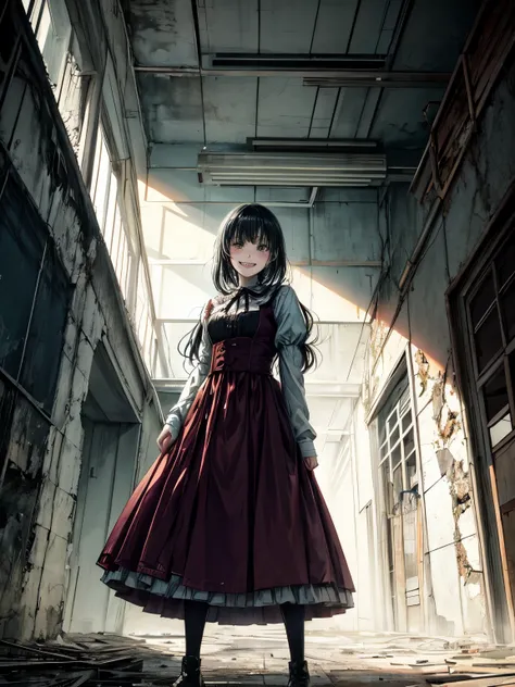 A shoujo manga style color illustration of a creepy and mysterious girl in an Alice costume, standing in a decaying and abandoned department store that was built in the mid-Showa era, with cracked pillars and walls. The background is a black haze that crea...