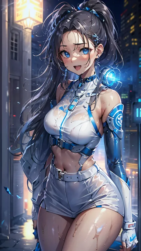 woman,14 years old,,city,night,(((white and blue tight miniskirt bodysuit))),(wet with sweat),open mouth smile((See-through))Glasses,((Beautiful long ponytail)),((baby girl body shape))