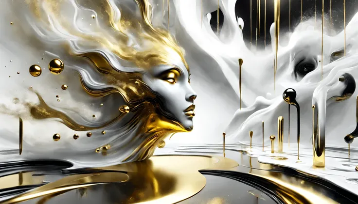 Das Bild verschmilzt zeitlose Eleganz mit einer faszinierenden Fusion von gerenderter 3D-Kulisse und einem fotorealistischen Model. Precise, gerade Kanten rahmen die Szenerie ein, while liquid gold creates a harmonious atmosphere against a pure white backg...