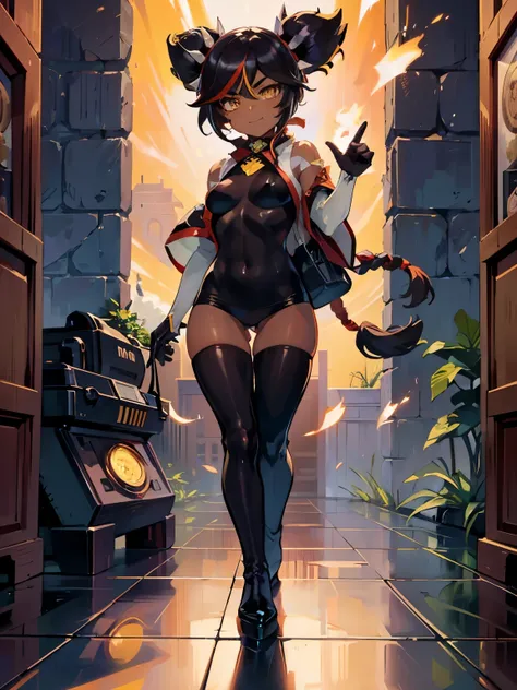 (masterpiece, best quality, anime style, hypnosis, equal eyes), xinyan(genshin impact), robot girl, yellow eyes, tanned skin, black hair, angry, smile, black gloves, black bodysuit, black platform boots, standing, cibernet background