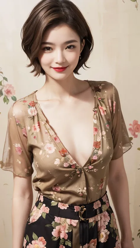 149
(20 year old woman,floral print outfit,pants), (Super realistic), (high resolution), ((beautiful hairstyle 46)), ((short hair:1.46)), (gentle smile), (brest:1.1), (lipstick)
