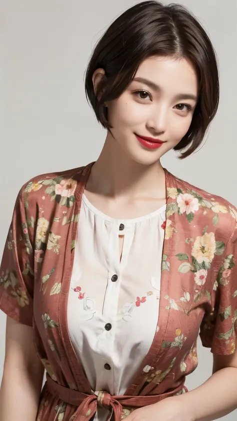 149
(20 year old woman,floral print outfit,pants), (Super realistic), (high resolution), ((beautiful hairstyle 46)), ((short hair:1.46)), (gentle smile), (brest:1.1), (lipstick)
