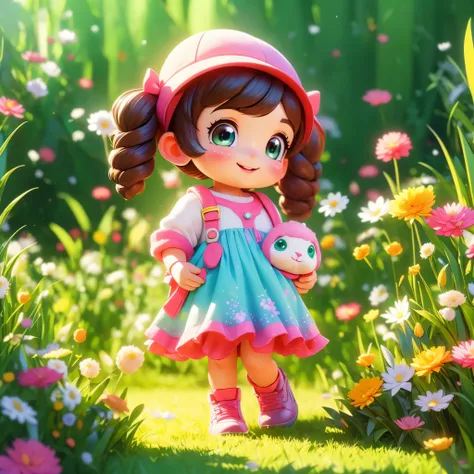 (photorealistic:1.37)、octane rendering、Morning park、Walk with a rabbit doll、Girl has twin tail hairstyle and smiles、Bright colors、soft sunlight、beautiful flower、green grass、playful atmosphere、peaceful environment、detailed texture、Bright colors、cute shoes w...