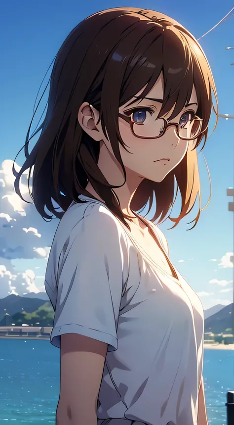 High resolution 8K, NSFW, Bright Light Lighting,slightly brown hair、Glasses、, anime characters in a scene with a sky background, yournameの映画スタイル, Stills in TV anime, yourname, Fiona Staples and Makoto Shinkai, makoto shinkai and bioware, guweiz and makoto ...