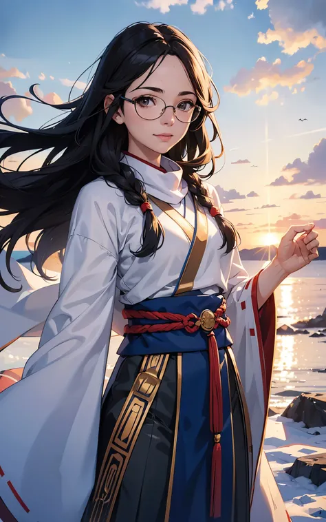 Young ainu woman with the face of (Gal Gadot:Evangeline Lilly), (looking at viewer, light smile, ), brown hair, brown eyes,  long hair, hair_flying, Fluttering hair, flying_hair, ((Transparent glasses, glasses, glasses_on_nose)), ((traditional ainu clothes...