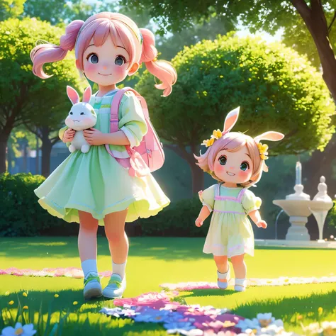 (photorealistic:1.37)、octane rendering、Morning park、Walk with a rabbit doll、Girl has twin tail hairstyle and smiles、Bright colors、soft sunlight、beautiful flower、green grass、playful atmosphere、peaceful environment、detailed texture、Bright colors、cute shoes w...