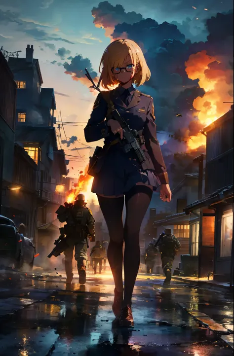 1 girl with blonde hair with blue eyes, black glasses wearing military gear in a war torn city covered in blood while very sad l...