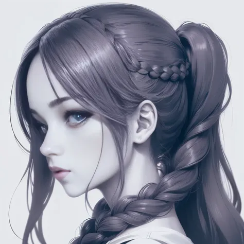 Cute female face side view anime style braided hair detailed eyes sketch Lineart character full lips