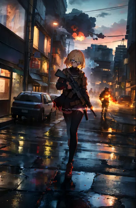 1 girl with blonde hair with blue eyes, black glasses wearing military gear in a war torn city covered in blood while very sad look while shooting at enemies bleeding with fire and smoke in the background