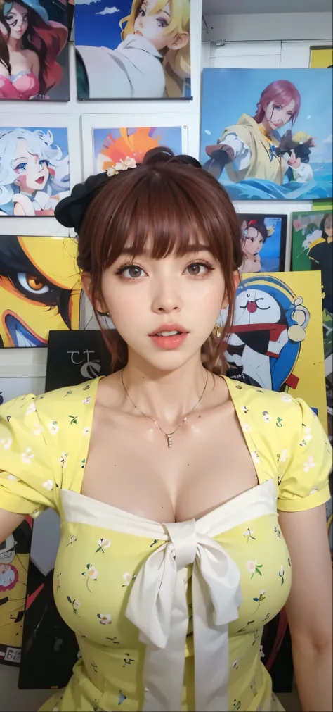 arafed woman in yellow dress posing in front of a wall of anime art, young beautiful amouranth, sun yunjoo, sakimichan, amouranth, better known as amouranth, popular south korean makeup, belle delphine, ruan cute vtuber, korean girl, beautiful south korean...