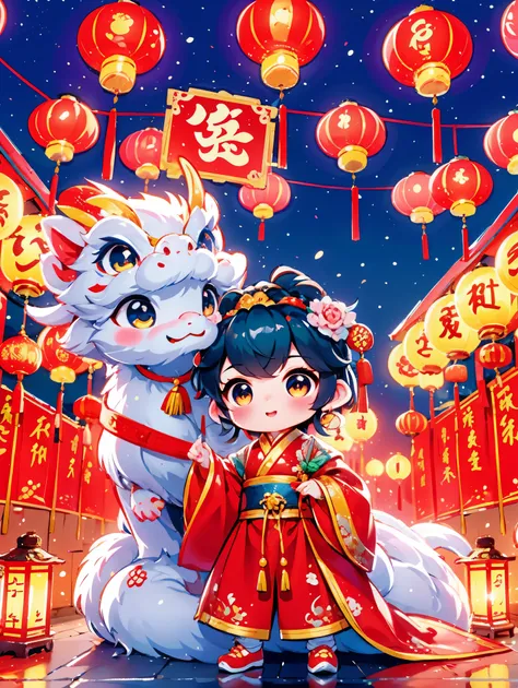 1 男孩拥抱cute的小中国龙,little prince of china,Chinese little dragon,cute,festival,Chinese New Year,firecrackereworks,lantern