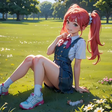 (photorealistic:1.37)、octane rendering、morning park、walk with a rabbit doll、girl has twin tail hairstyle and smiles、bright color...