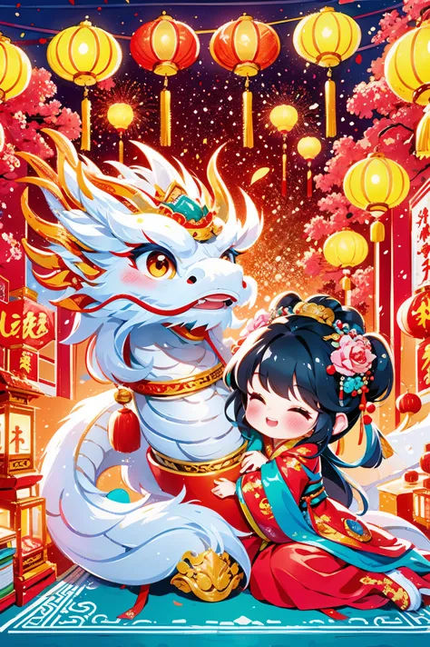 1 girl hugging cute little chinese dragon, chinese little princess, chinese dragon, cute, festival, chinese new year, firecracke...