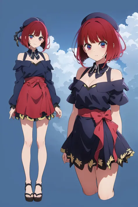 aakana, aakana, short hair, beret, red eyes, blue headwear, 
BREAK (haori，butterflys，obi strip, （cleavage:1.3)，（Off-the-shoulder attire:1.6):1.2),
BREAK （trpical garden：1.2）
BREAK (multiple views:1.5),from behind,from_front,(blue background:1.3),(full body...