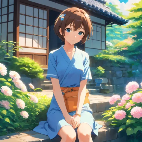 Crie uma linda japonesa de rosto angelical, Vestido azul claro, sitting in front of a Japanese village style house facing a beautiful garden of flowers and vegetation of different colors, Fantastic, Impeccable, nunca visto antes, todos os detalhes em UHD