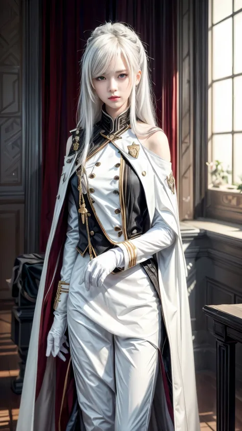 style image of a woman in a white suit and cape, delicate androgynous prince, beautiful androgynous prince, inspired by Li Chevalier, from girls frontline, fine details. girls frontline, from the azur lane videogame, characters from azur lane, azur lane st...