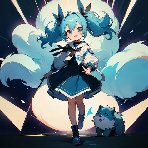 A girl happily walking with her dog, twintails, light blue hair, long