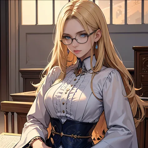 ((best quality)), ((masterpiece)), (detailed),High quality, Ultra detailed, best quality, insanely detailed, beautiful, masterpiece, Glasses,20s,Female,Wizard,Female Teacher,Blonde hair,Blue eyes,Caucasian,Evil female executive,A little more mature