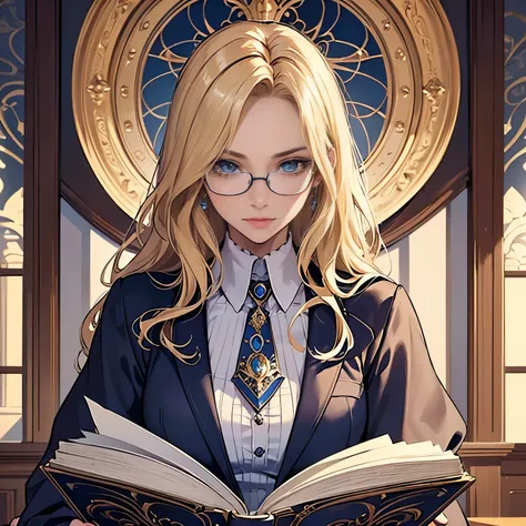 ((best quality)), ((masterpiece)), (detailed),High quality, Ultra detailed, best quality, insanely detailed, beautiful, masterpiece, Glasses,20s,Female,Wizard,Female Teacher,Blonde hair,Blue eyes,Caucasian,Evil female executive,A little more mature