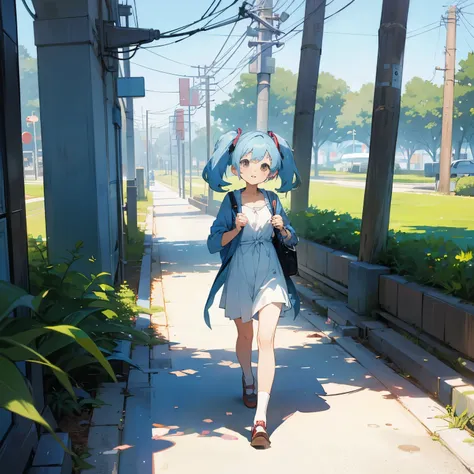 Picnic Girl taking a walk Modern anime style Light blue hair Twintails Long