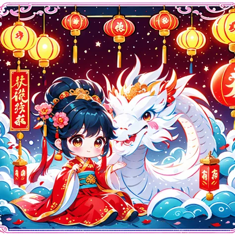 1 女孩拥抱cute的小中国龙，chinese little princess，chinese little dragon，cute，festival，chinese new year，firecrackereworks，lantern