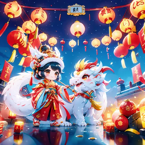 1 女孩拥抱cute的小中国龙，chinese little princess，chinese little dragon，cute，festival，chinese new year，firecrackereworks，lantern