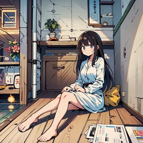 "illustrate a cozy scene featuring a young girl in a relaxed setting. she is sitting by a wood stove (薪ストーブ) with a yogibo bean ...