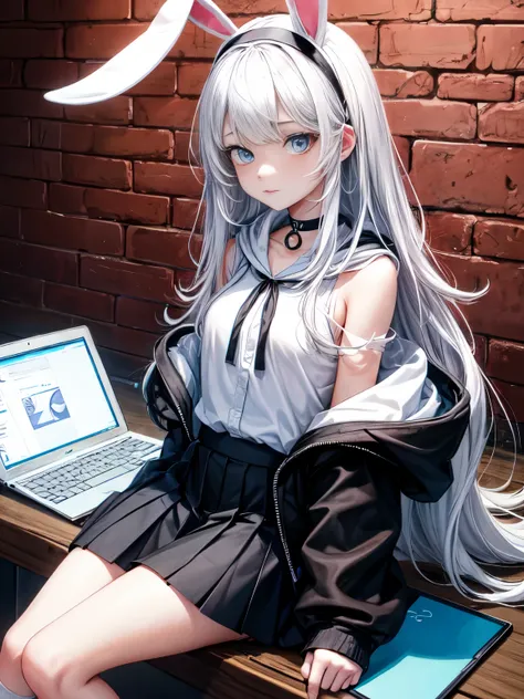 a digital colored image of a cartoon girl holding a laptop and a tablet computer, 1girl, solo, laptop, long hair, black skirt, white socks, socks, sitting, animal ears, blue eyes, rabbit ears, skirt, shoes, red eyes, computer, fake animal ears, heterochrom...