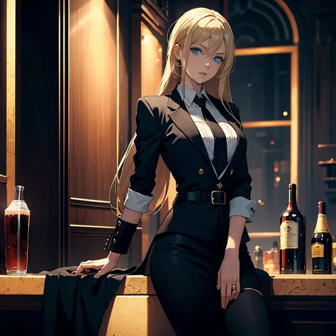 one girl, long blonde hair, blue eyes, black outfits, mafia inspired style, dark background, a bars, good lighting, 8k, high resolution