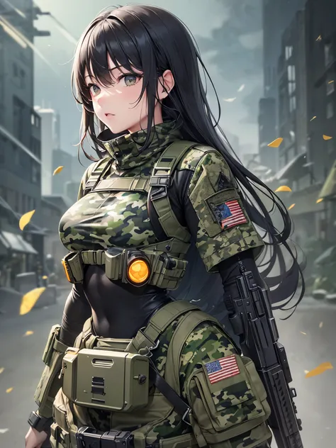 ((highest quality)),(ultra high resolution),(Super detailed),(detailed description),((best CG)),(best work of art),super precision art,great drawing art,(Art with precise details:1.5), (one female commando:1.5),beautiful and well-shaped face:1.5,(camouflag...