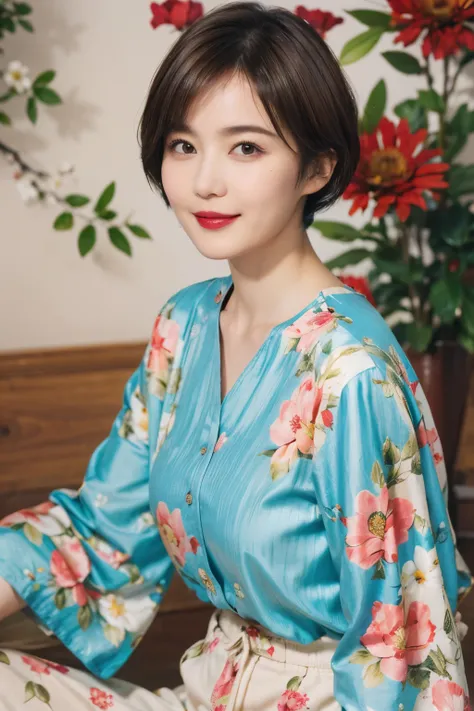 149
(20 year old woman,floral print outfit,pants), (super realistic), (high resolution), ((beautiful hairstyle 46)), ((short hai...