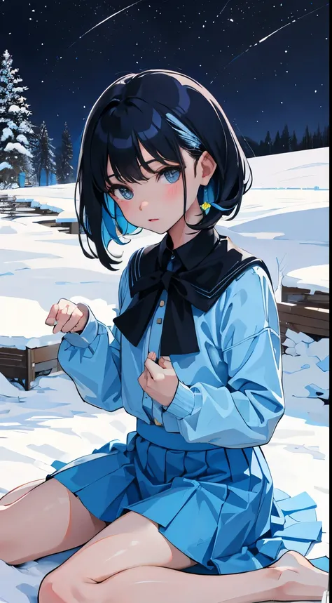 wariza，Put your hands between your legs，()，（masterpiece，Top quality)，Light blue skirt，black hair，snowfield