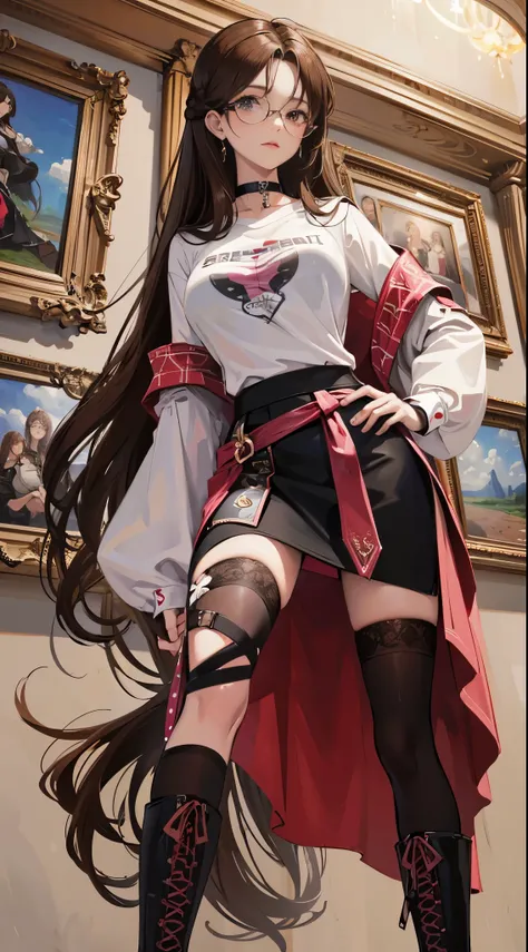 Beautiful italian woman, ((best quality)), ((masterpiece)), ( extreme detailed, highest detailed, official art, beautiful and aesthetic:1.2), oversize t-shirt, ((((skirt)))), choker, big breast, medium body potrait, thighhighs socks, boots, absurdly long h...