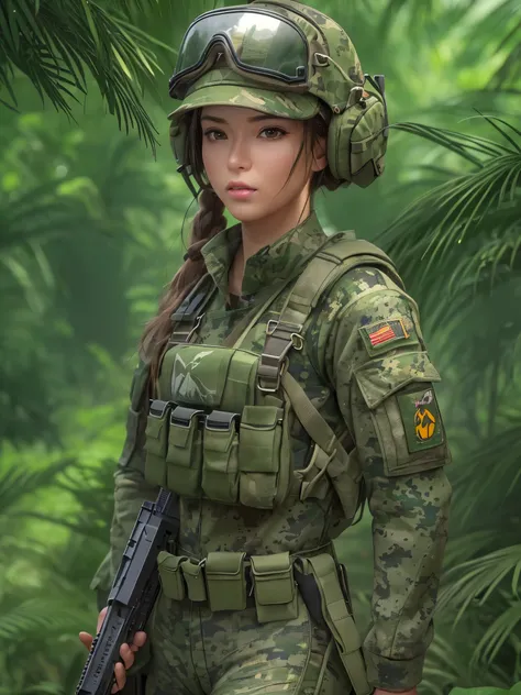 ((highest quality)),(ultra high resolution),(Super detailed),(detailed description),((best CG)),(best work of art),super precision art,great drawing art,(Art with precise details:1.5), (one female commando:1.5),beautiful and well-shaped face:1.5,(camouflag...