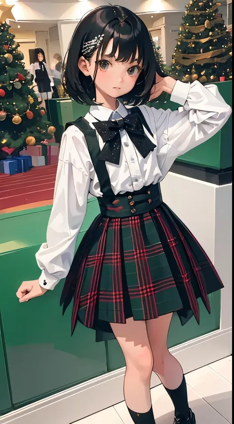 Christmas，(short cute girl，small young student，young delicate girl）,（masterpiece，Top quality)，plaid mini skirt，black hair