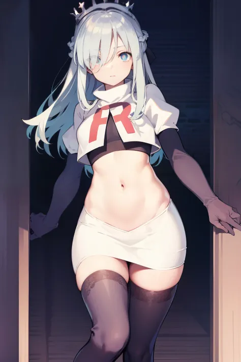 morganlefay, morgan le fay, black bow, bow, light blue hair, blue eyes, hair bow, hair ornament, long hair, ribbon,
BREAK braid, crown, navel, team rocket,team rocket uniform,white skirt,red letter R,crop top,black thigh-highs,black elbow gloves
BREAK look...