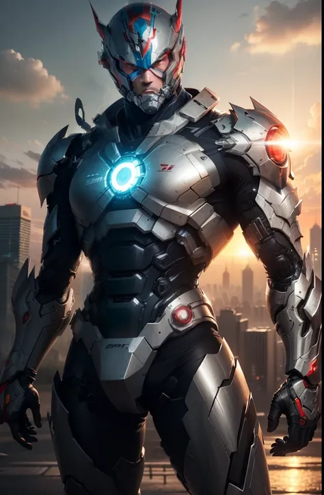 Masterpiece, top quality, high resolution, realistic, cowboy shot, 1 guy, ultraman, mecha ultraman, original design, silver, red, blue, transparent, (stance: 1.1), biomechanics, urban, sunset, dramatic lighting,