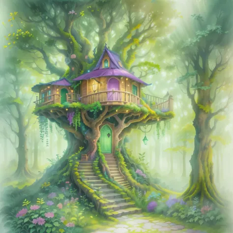 a dreamy fairy treehouse,natural,serene,softly connected trees in the courtyard,pink,purple,and emerald green flowers,light pour...