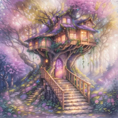 a dreamy fairy treehouse,natural,serene,softly connected trees in the courtyard,pink,purple,and emerald green flowers,light pour...