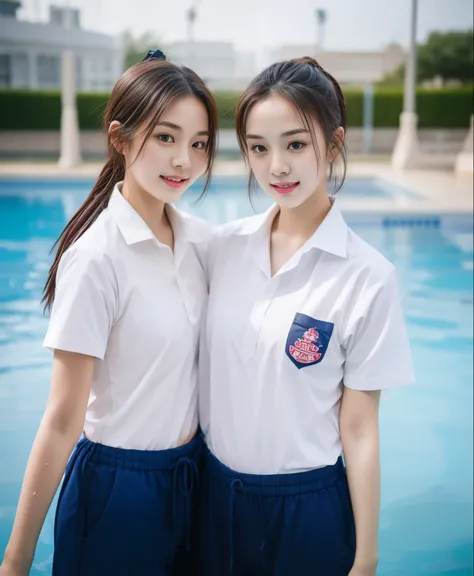 2 girls in the swimming pool, Navy blue short-sleeved shirt,Navy Long Trackpant,Sweatpants, Sweatpantsขายาว,25 year old girl, lesbian, sexy, exercise clothes, wet body