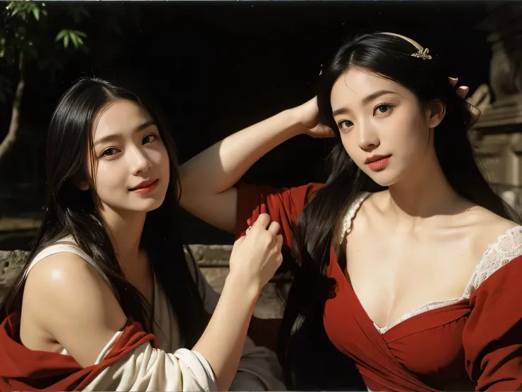 Ancient Roman ruins,Poussin-style landscape,A smile,,Sweet and seductive appearance.、Caravaggios paintings、Chiaroscuro of Caravaggio、Hair disheveled in the wind,Two women frolicking,Cute smile, Expression of ecstasy,A sexy,Erotic