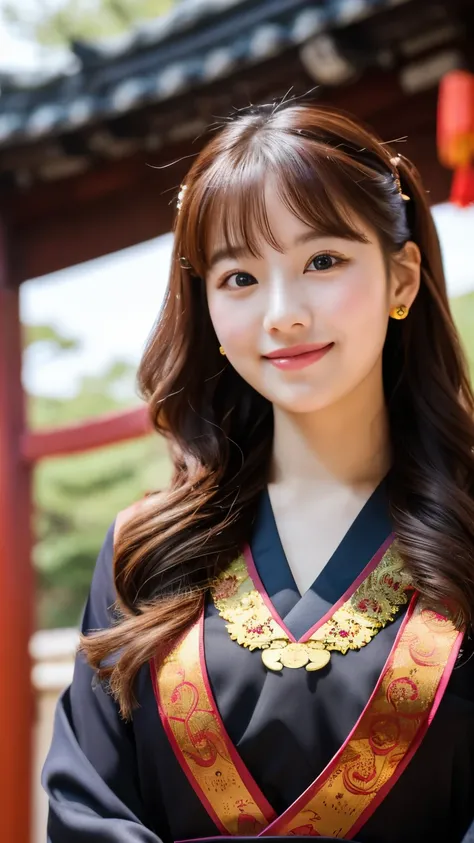 UHD, Extreme close-up of cute Korean female,Chest size 32 inches, wavy hair, slightly smile, wearing black Chinese traditional outfit, standing in chinese shrine, bokeh background