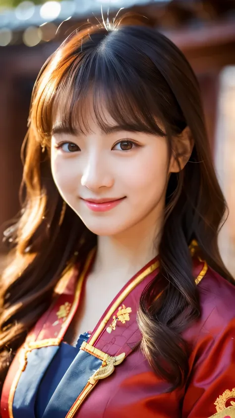 UHD, Extreme close-up of cute Korean female,Chest size 32 inches, wavy hair, slightly smile, wearing black Chinese traditional outfit, standing in chinese shrine, bokeh background